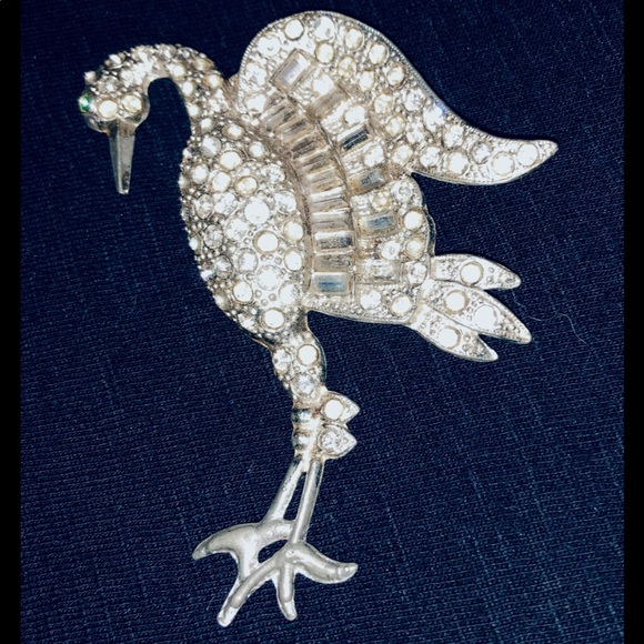 Vintage Antique Sterling Silver Rhinestone Crane Brooch - Picture 2 of 6